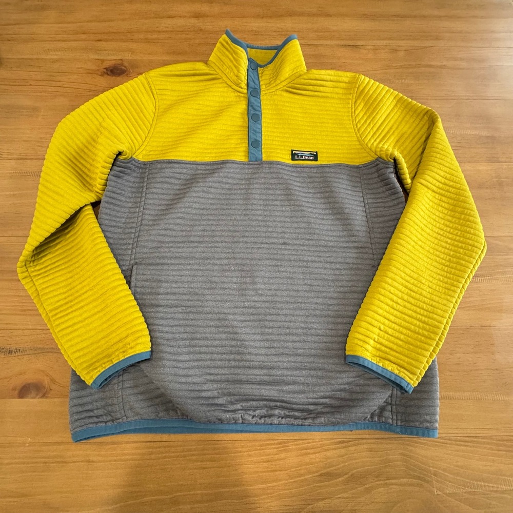 LL Bean Mens Ridge Fleece Pullover Yellow Grey Snap Neck M Tall 506873